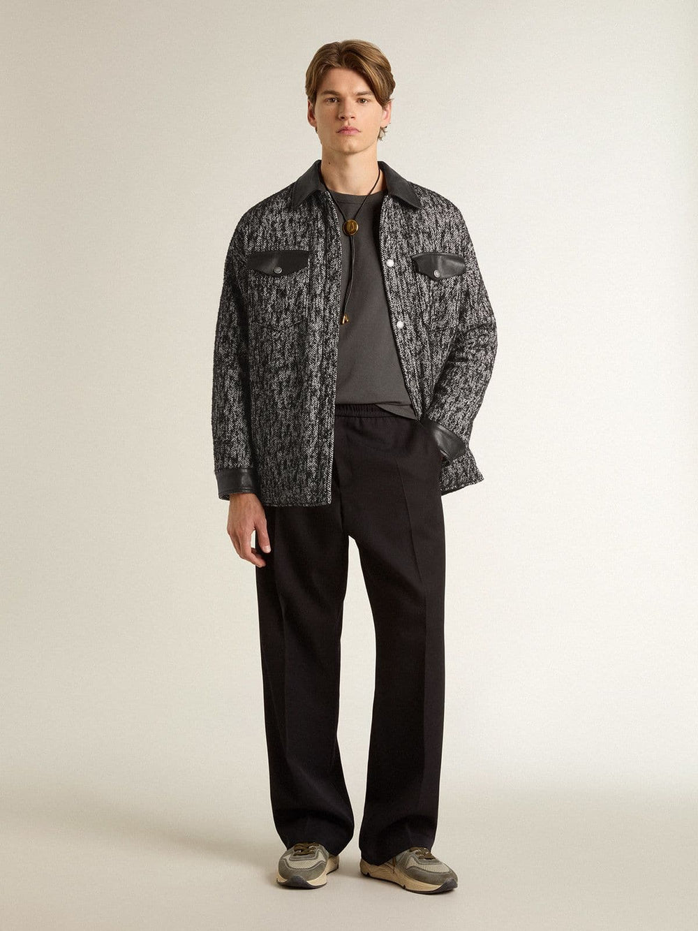 Golden Goose Gray herringbone jacket with black leather details