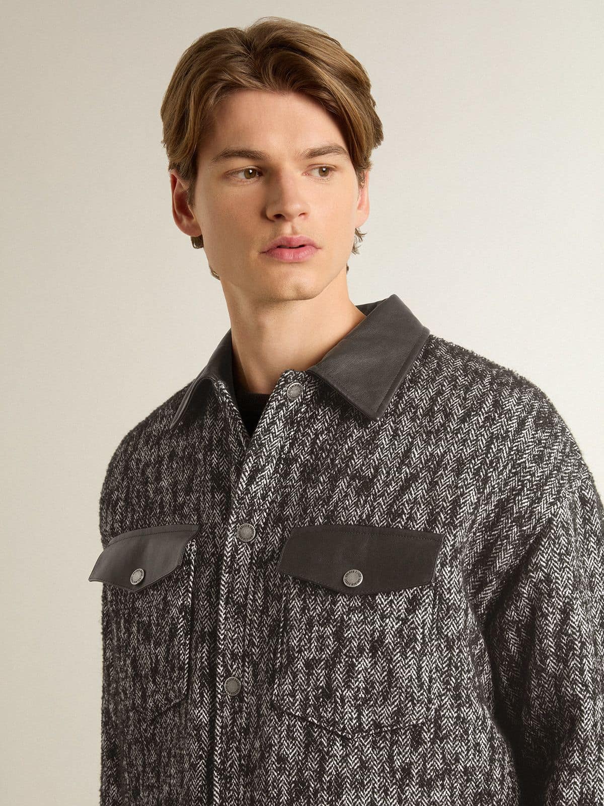 Golden Goose Gray herringbone jacket with black leather details