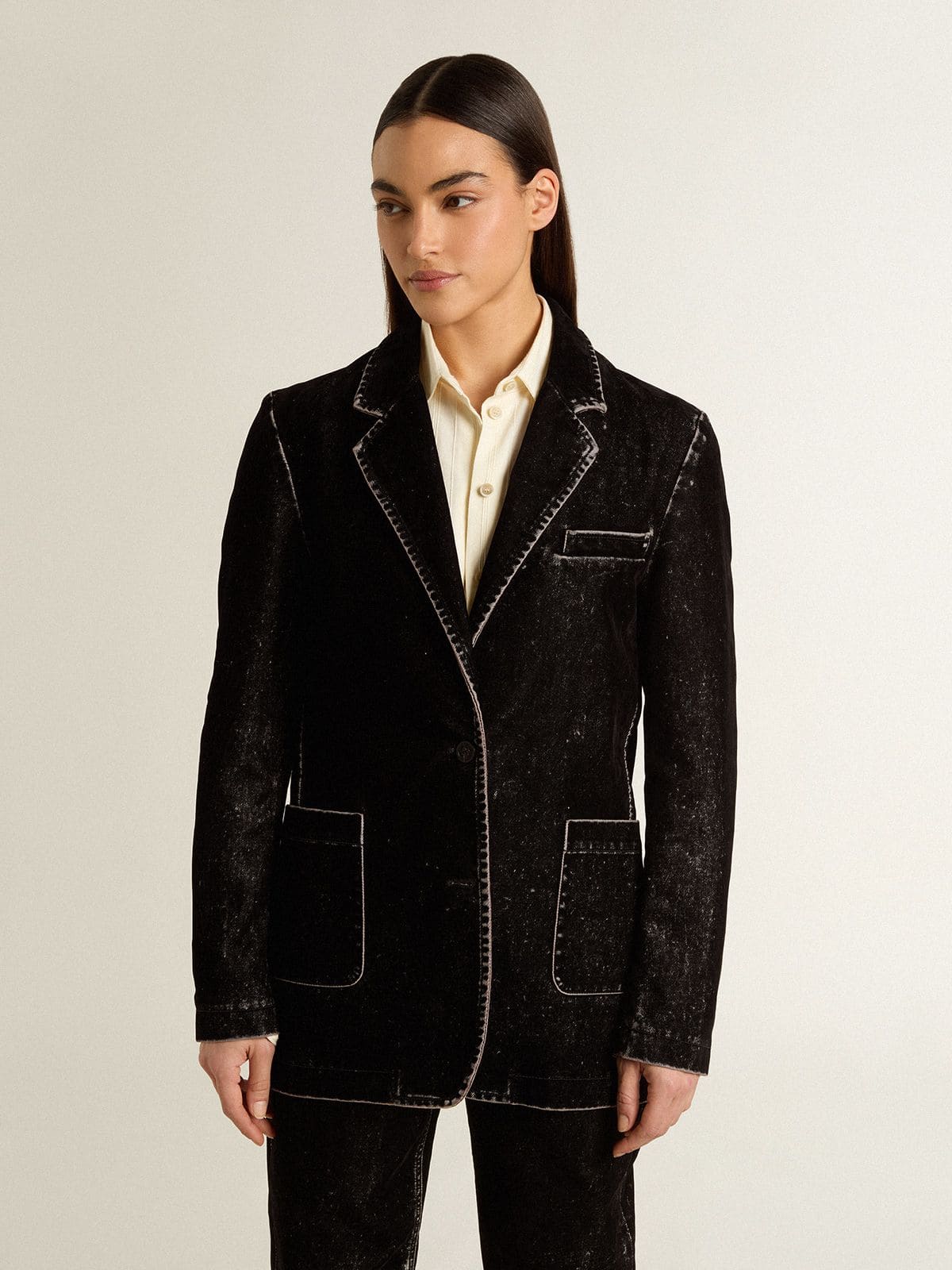 Golden Goose Women's black denim jacket with a velvet effect