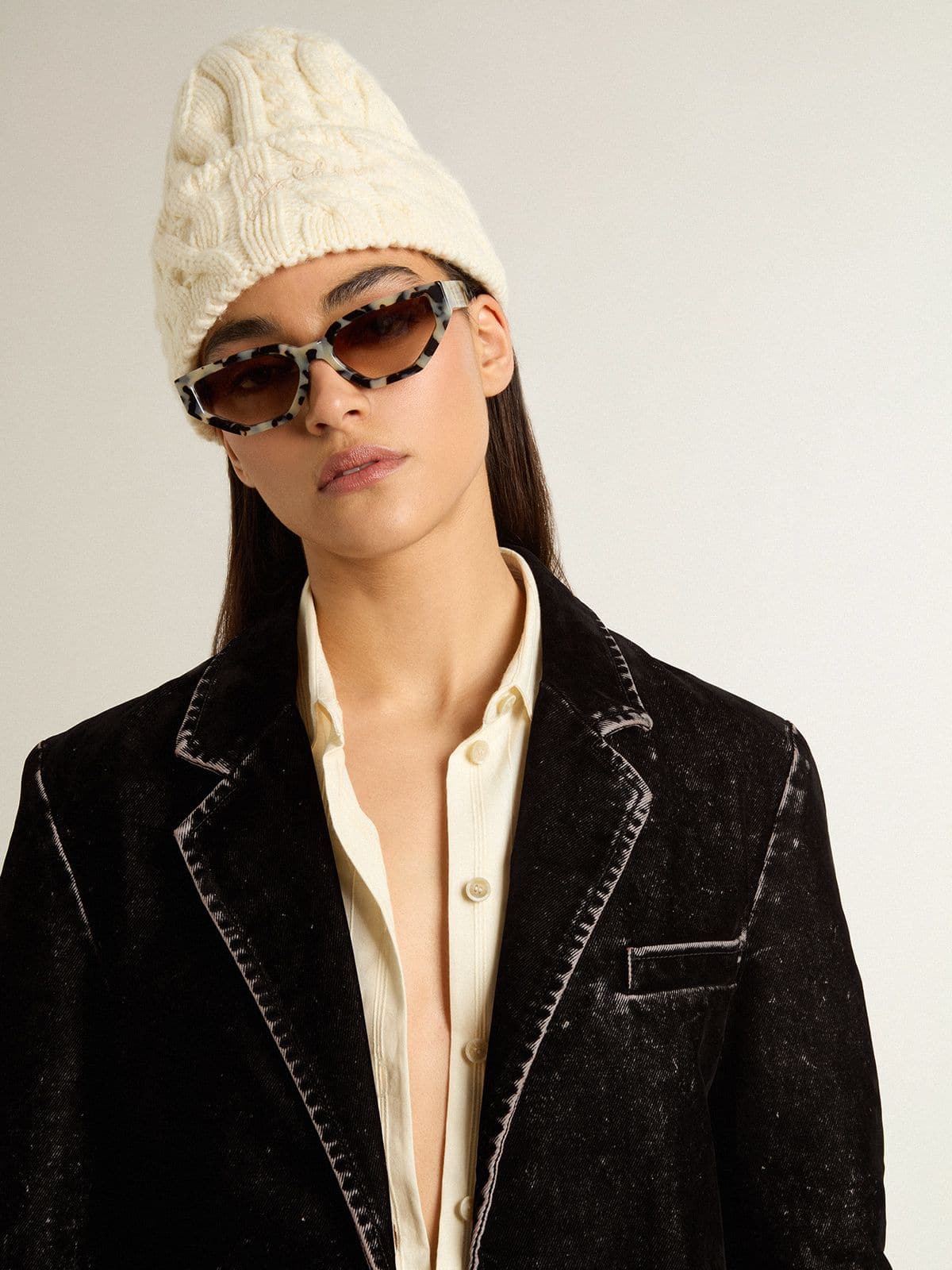 Golden Goose Women's black denim jacket with a velvet effect