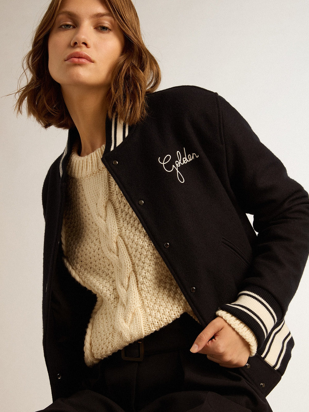Golden Goose Women's bomber jacket in dark blue wool with white details