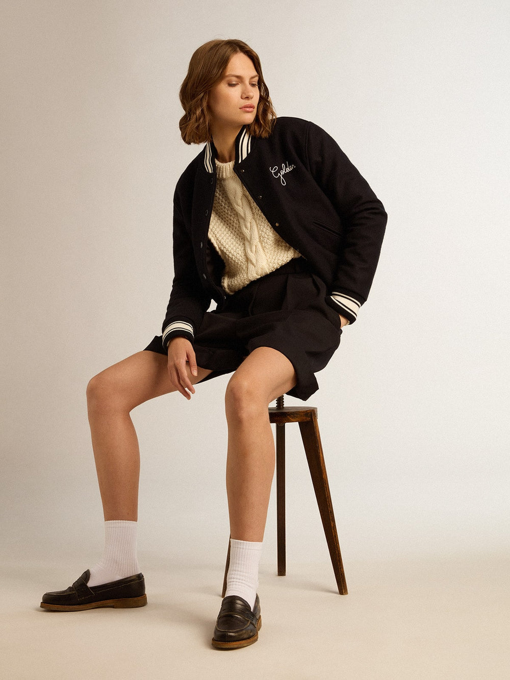 Golden Goose Women's bomber jacket in dark blue wool with white details