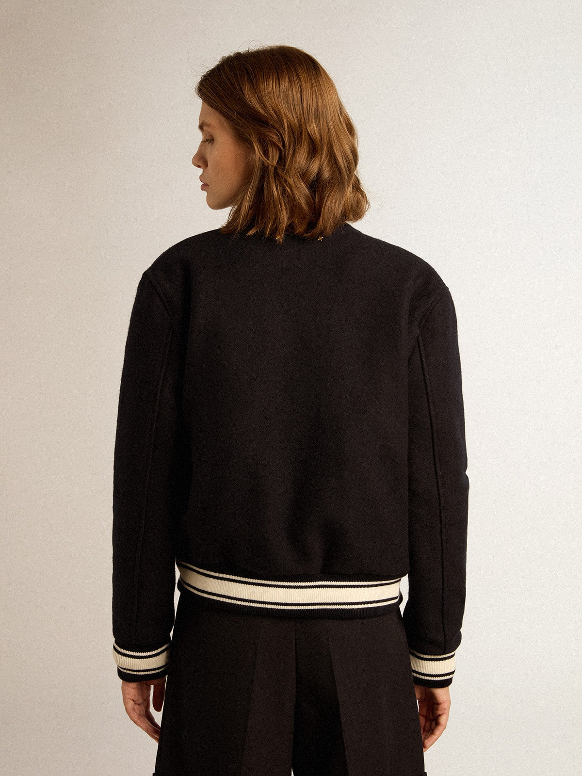 Golden Goose Women's bomber jacket in dark blue wool with white details