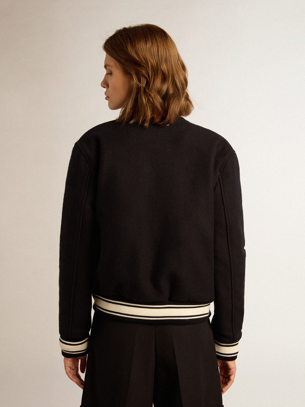 Golden Goose Women's bomber jacket in dark blue wool with white details