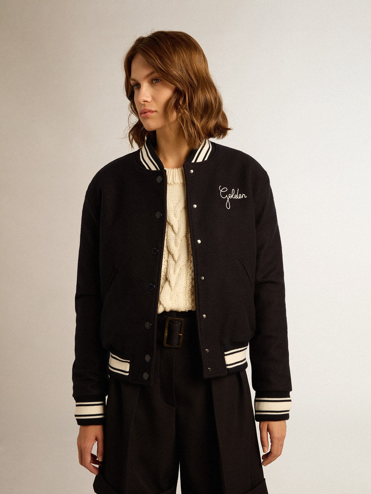 Golden Goose Women's bomber jacket in dark blue wool with white details
