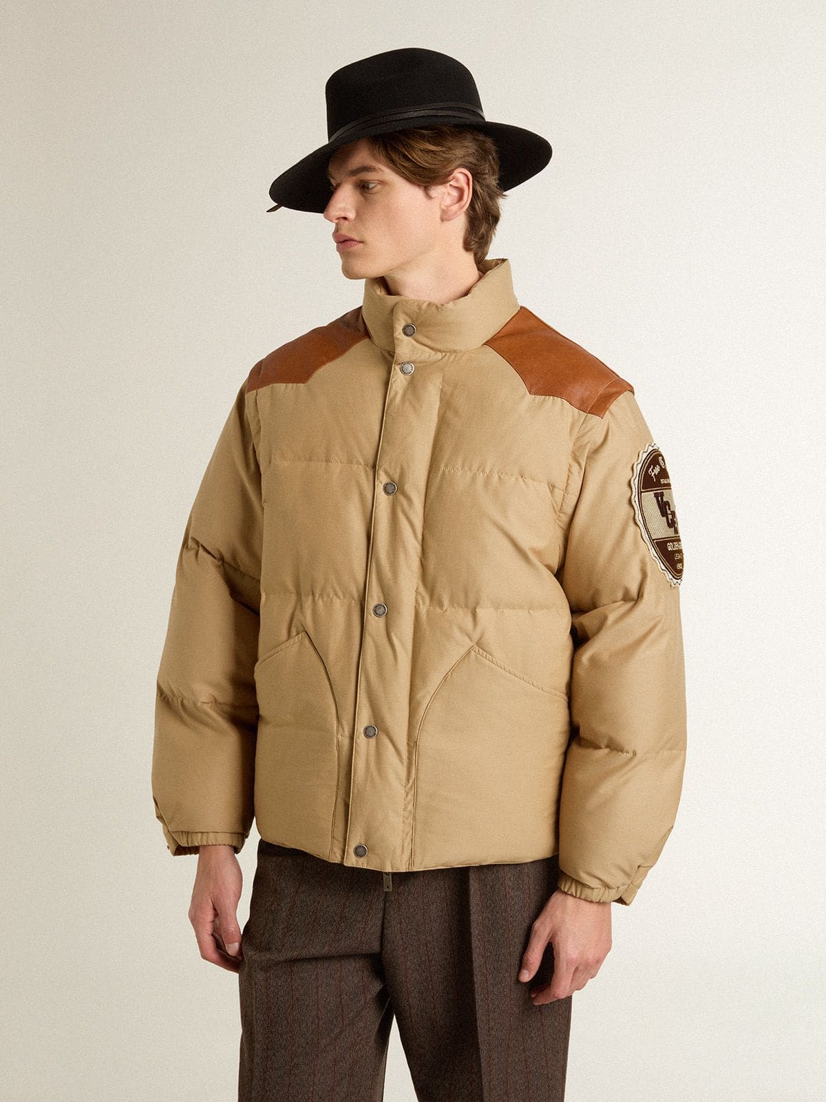 Golden Goose Beige bomber jacket with leather and patch details