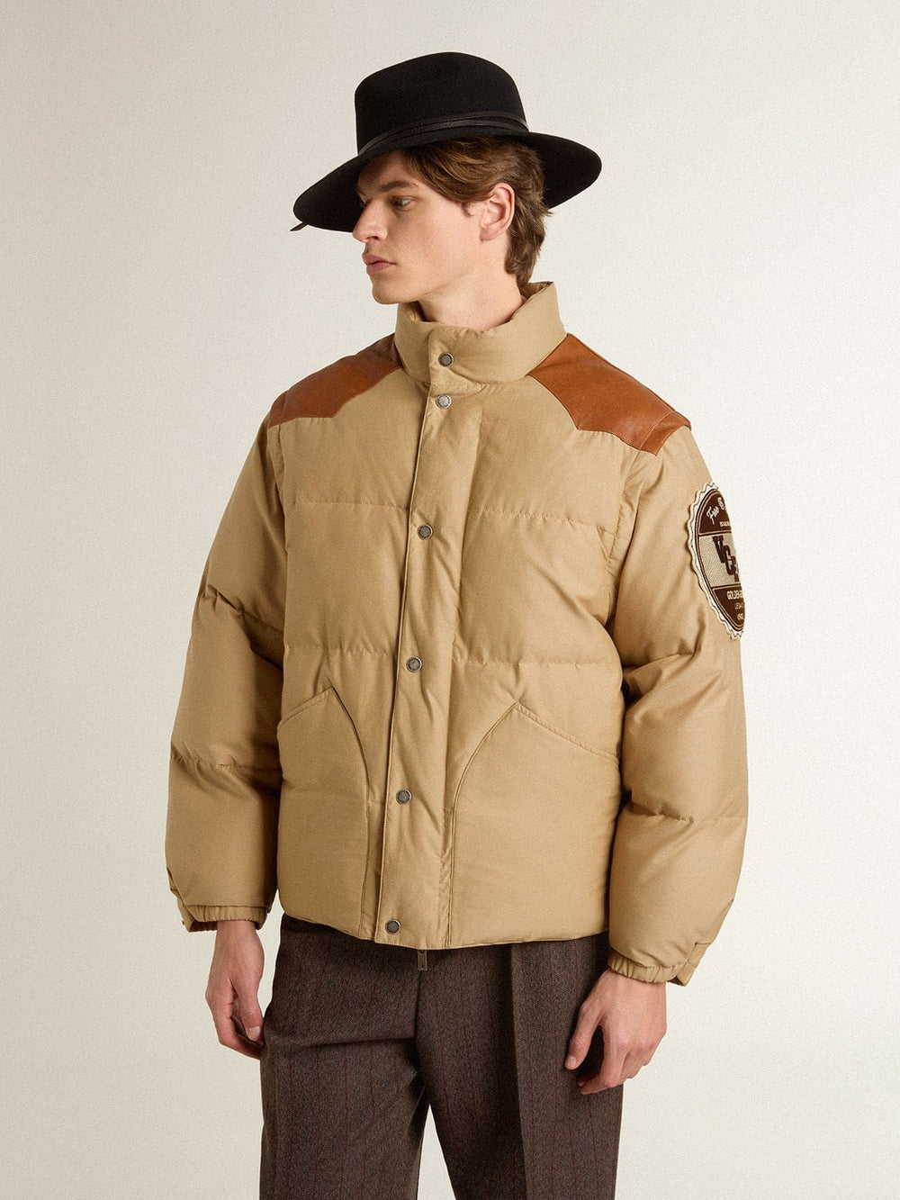 Golden Goose Beige bomber jacket with leather and patch details