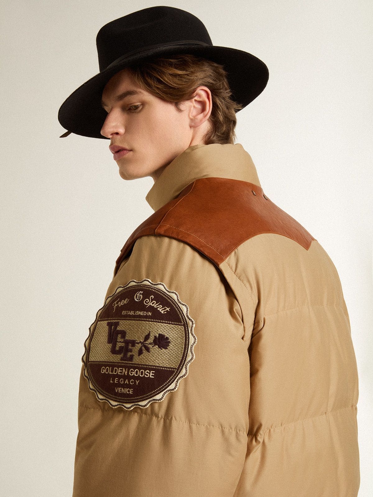 Golden Goose Beige bomber jacket with leather and patch details