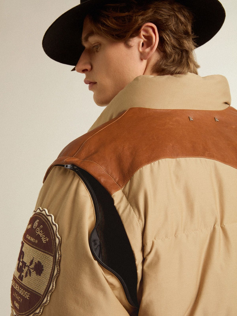 Golden Goose Beige bomber jacket with leather and patch details