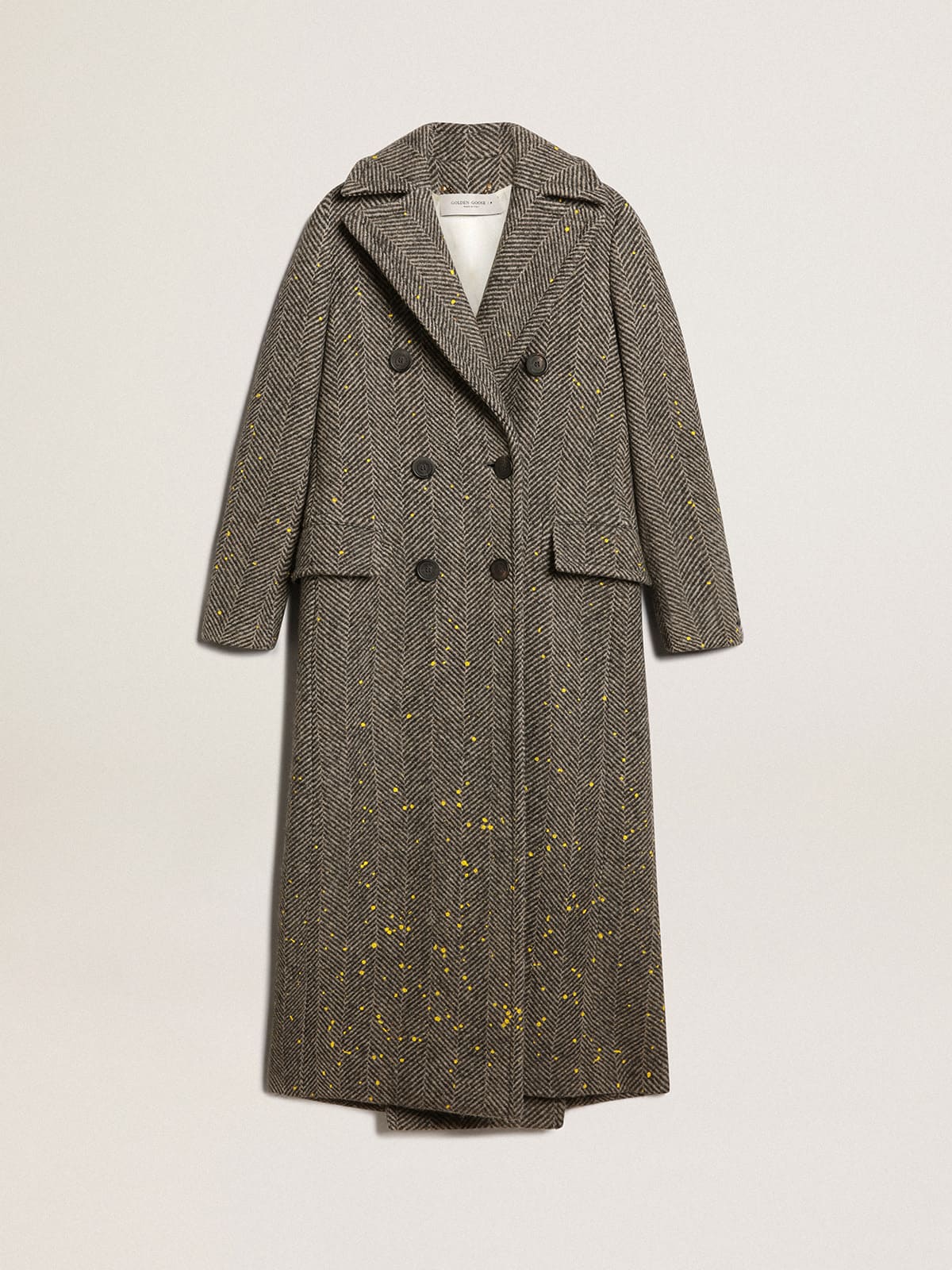 Golden Goose Women's long herringbone coat with yellow details