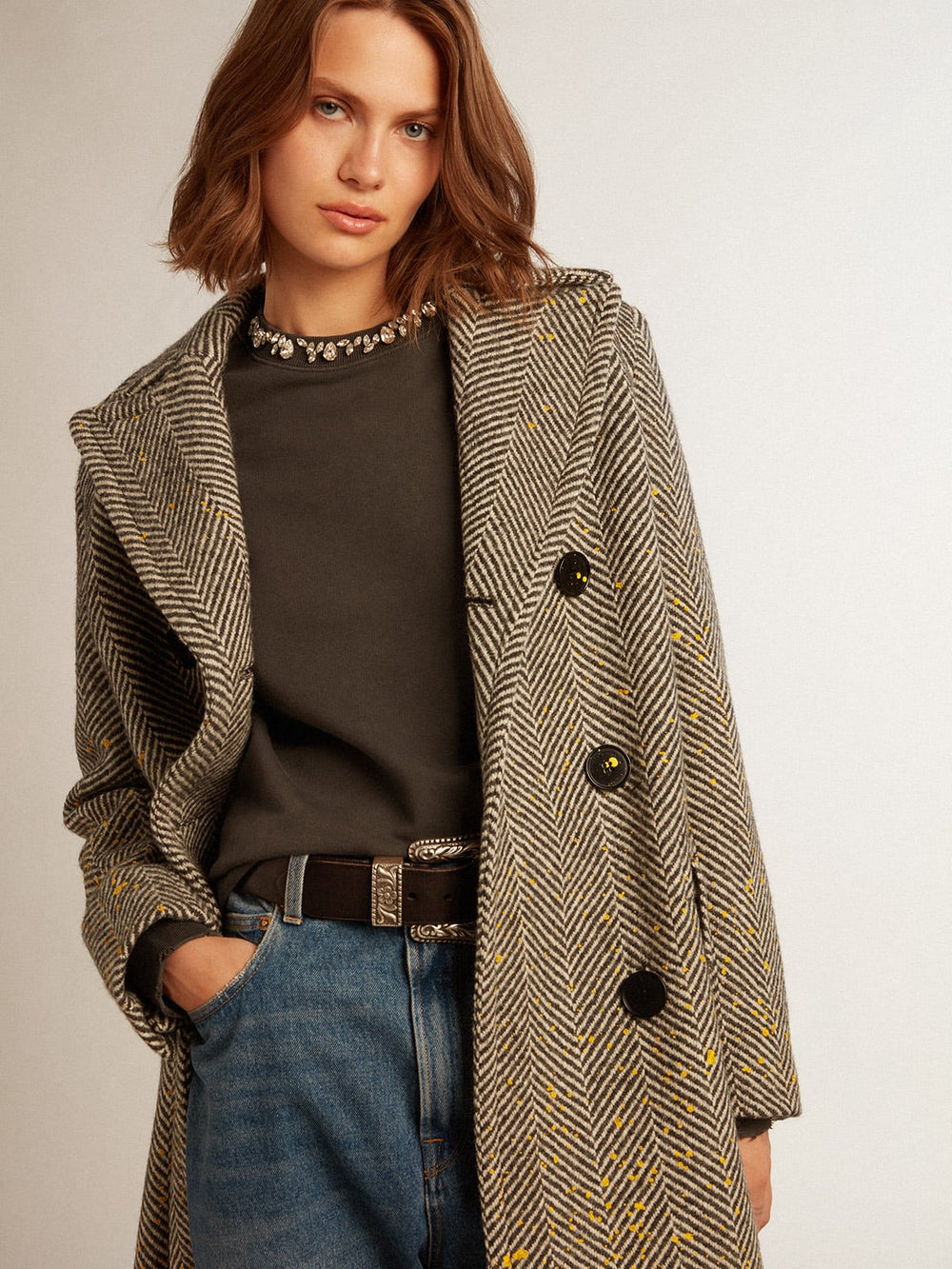 Golden Goose Women's long herringbone coat with yellow details