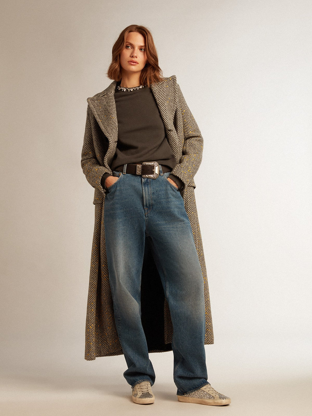 Golden Goose Women's long herringbone coat with yellow details