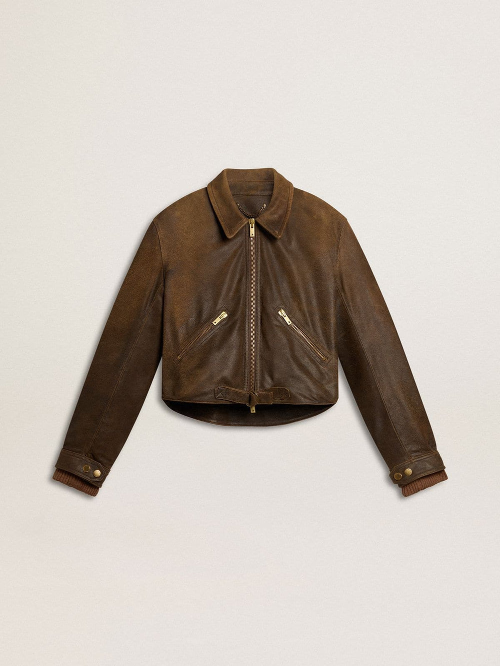 Golden Goose Women’s cropped brown leather biker jacket with zip