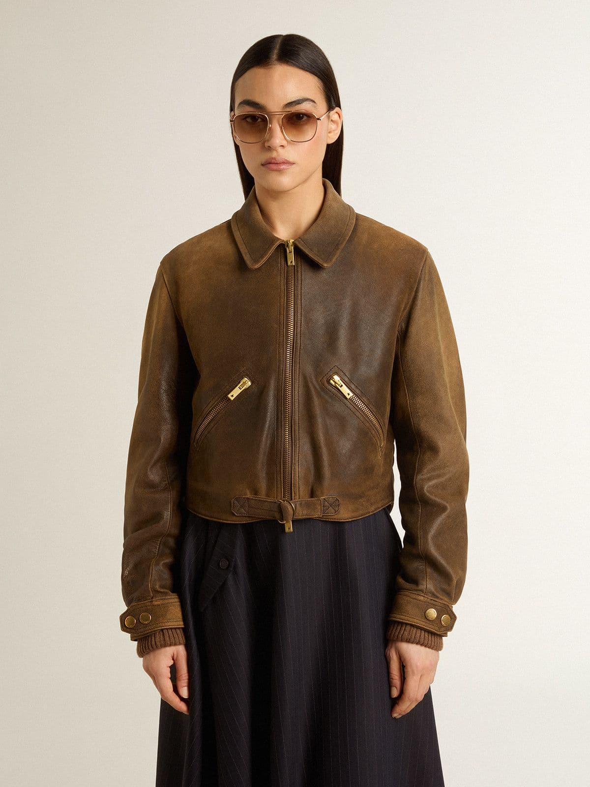 Golden Goose Women’s cropped brown leather biker jacket with zip