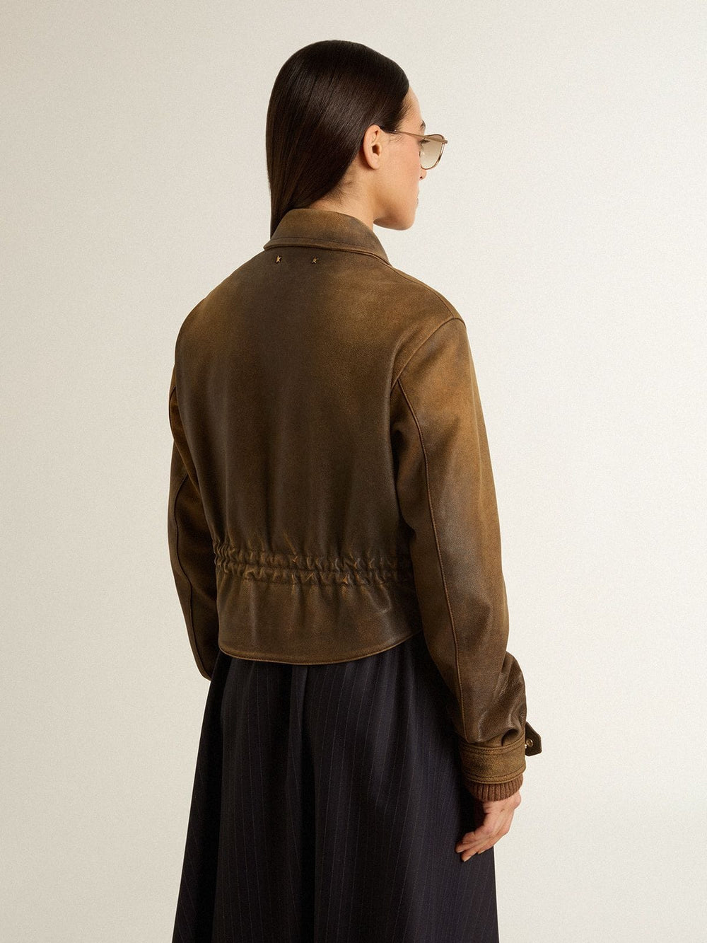Golden Goose Women’s cropped brown leather biker jacket with zip