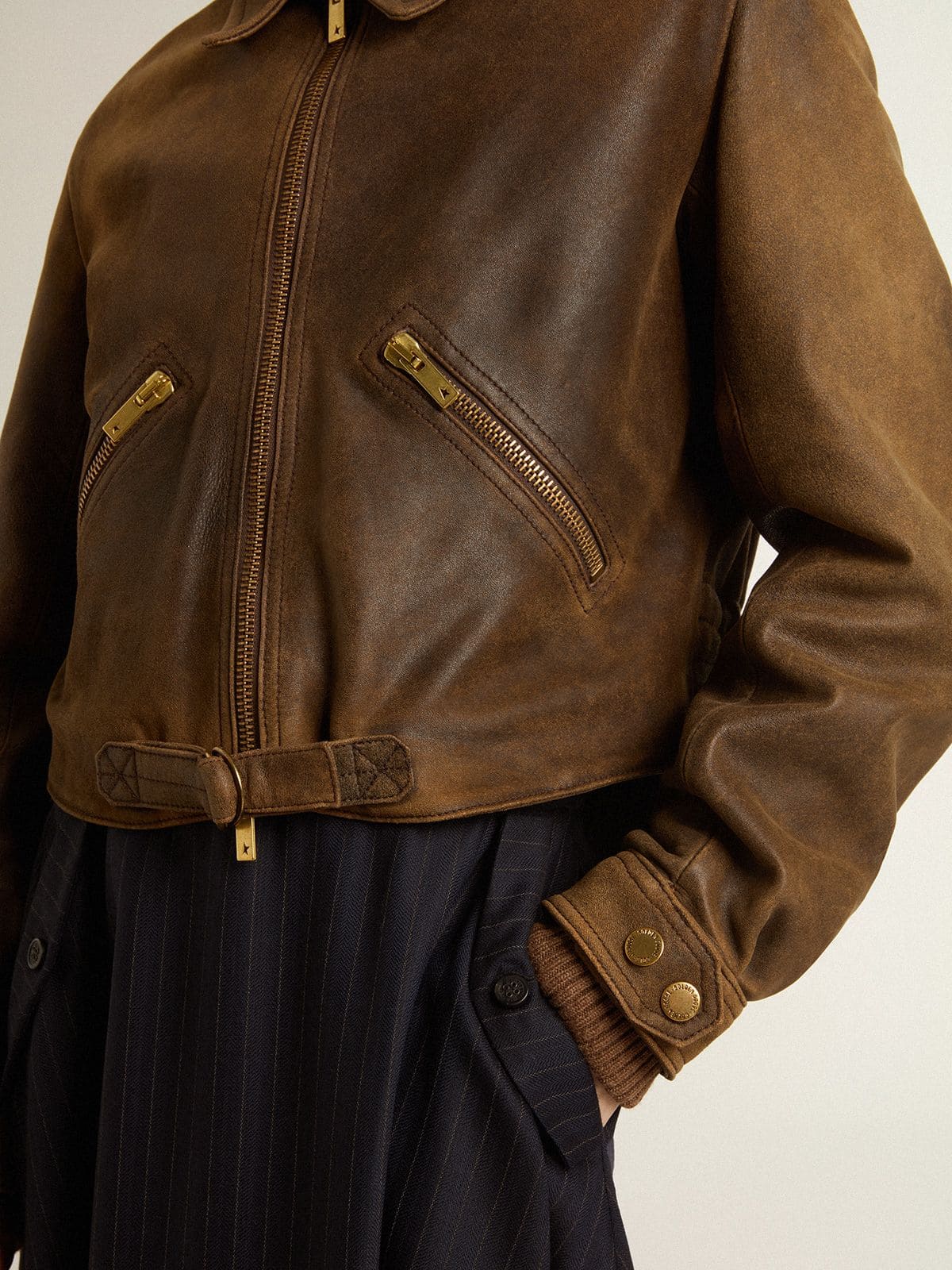 Golden Goose Women’s cropped brown leather biker jacket with zip