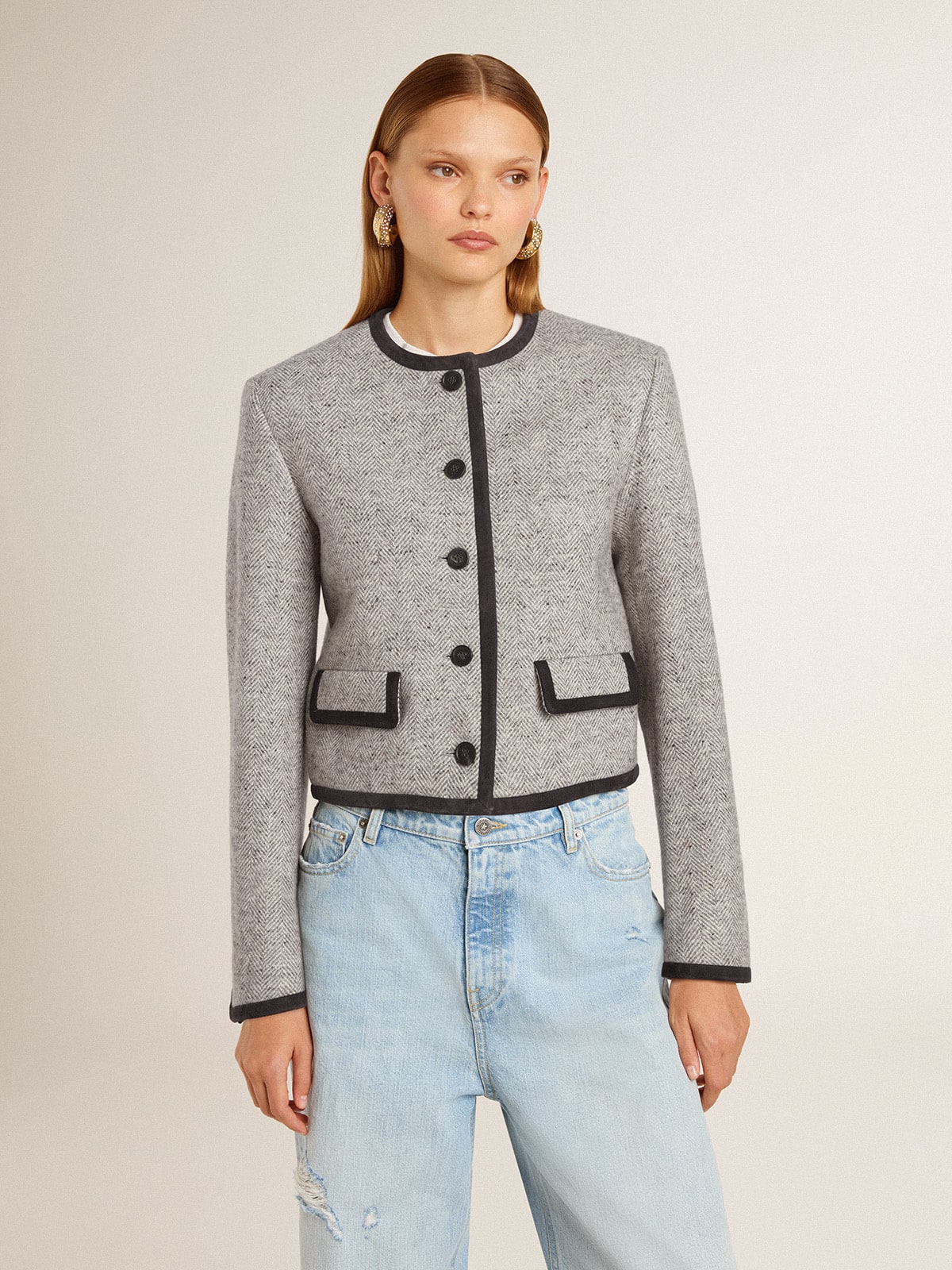 Golden Goose Women's grey wool and silk jacket with black suede trim