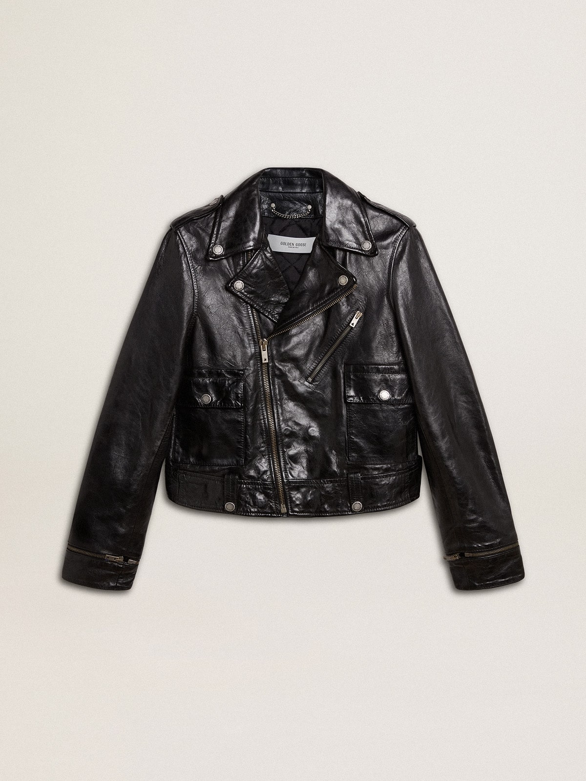 Golden Goose Women’s black leather biker jacket with glossy effect