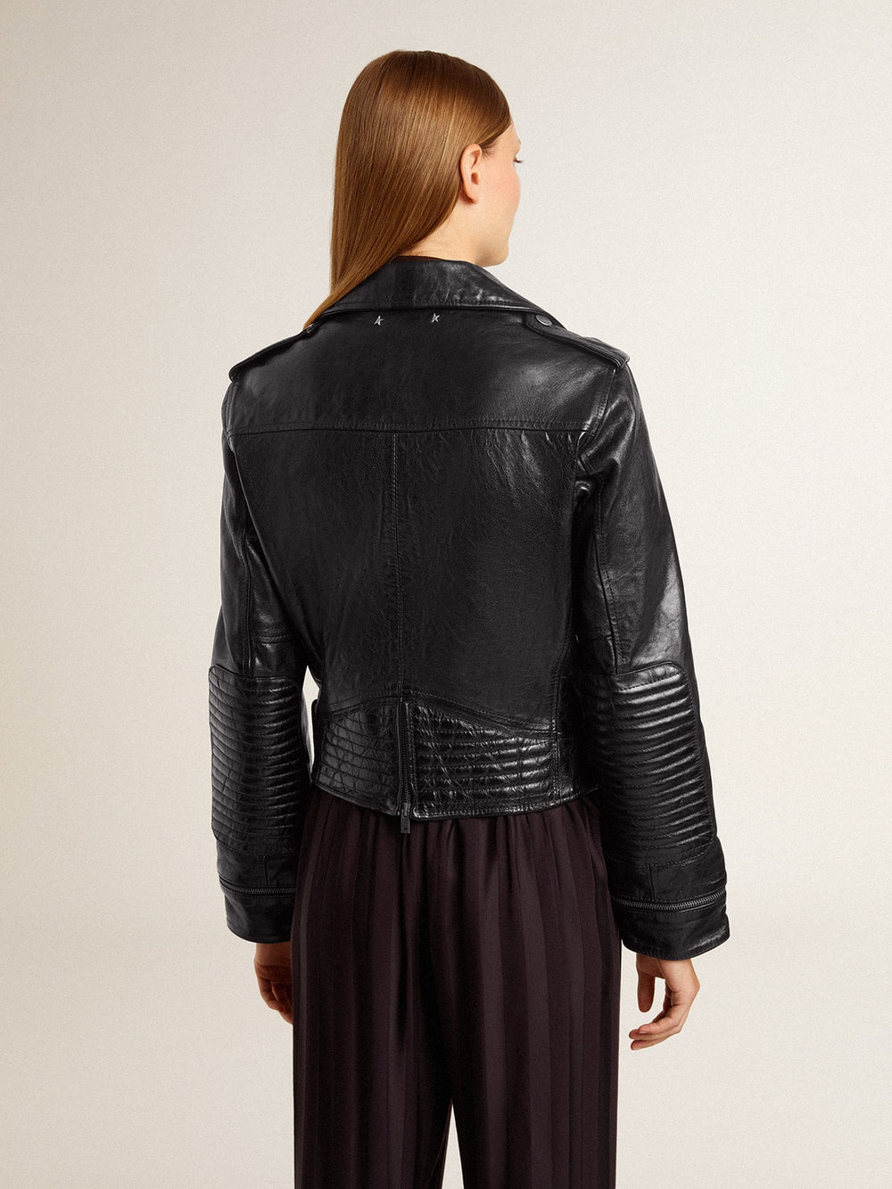 Golden Goose Women’s black leather biker jacket with glossy effect