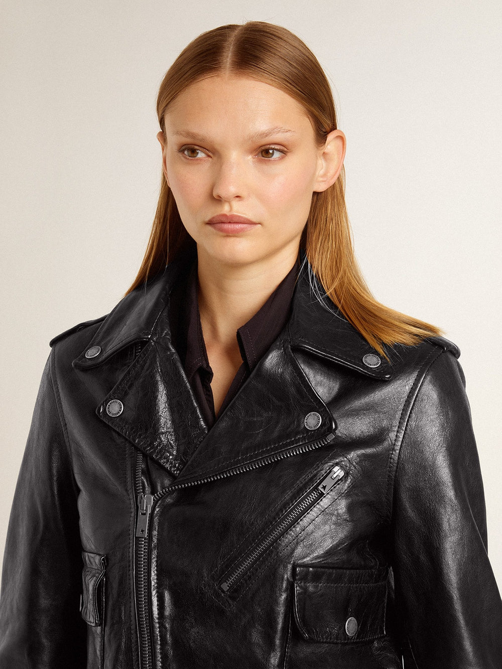 Golden Goose Women’s black leather biker jacket with glossy effect