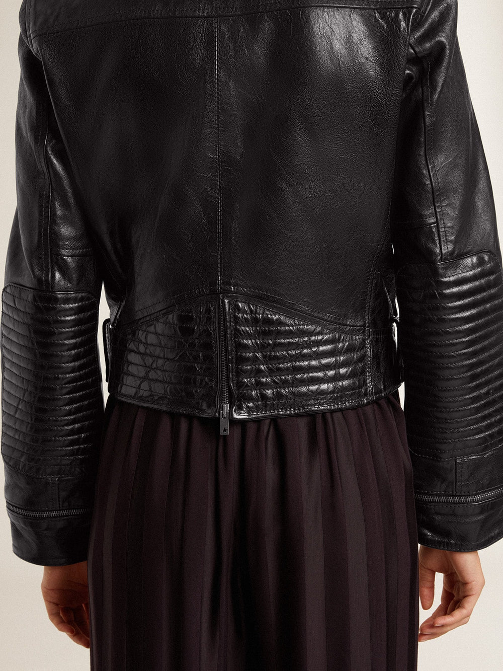 Golden Goose Women’s black leather biker jacket with glossy effect
