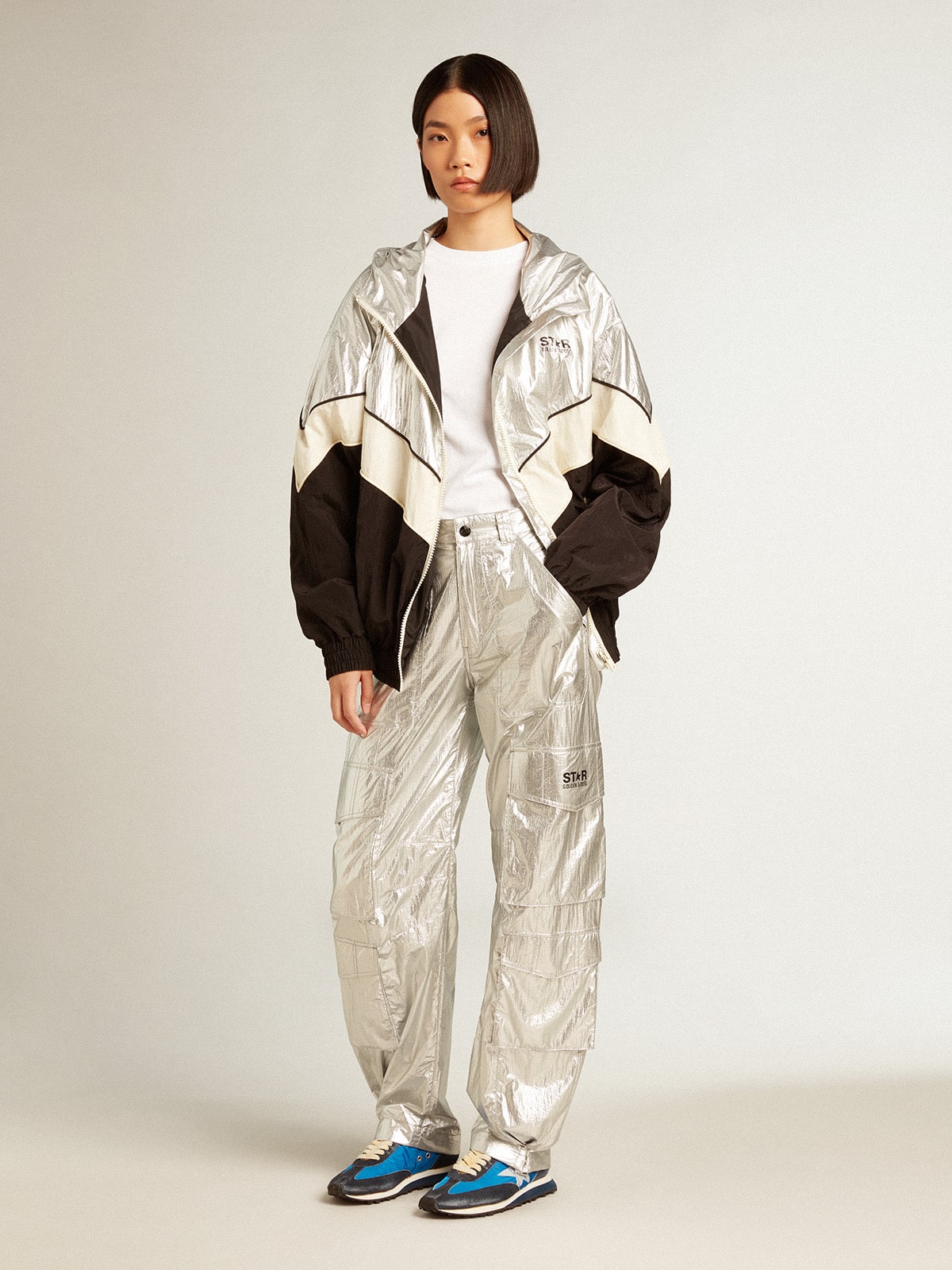 Golden Goose Women's windcheater in silver and black technical fabric