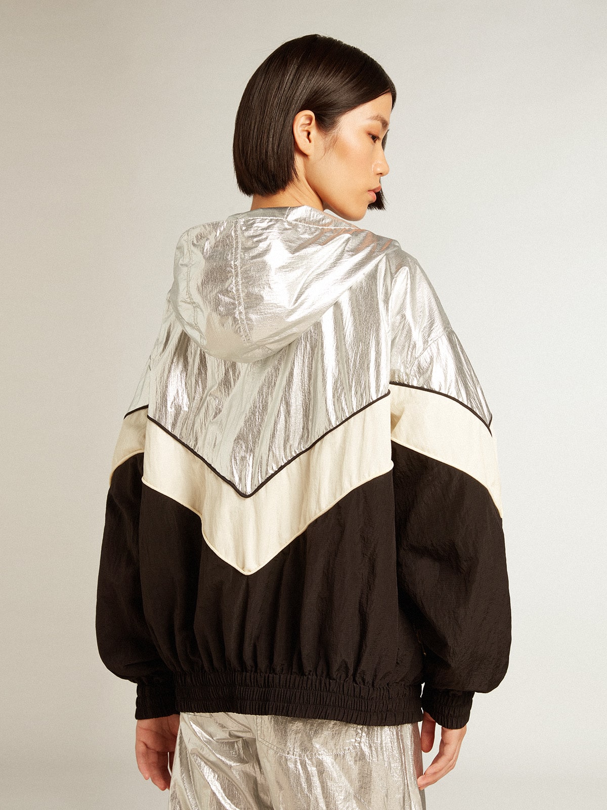 Golden Goose Women's windcheater in silver and black technical fabric