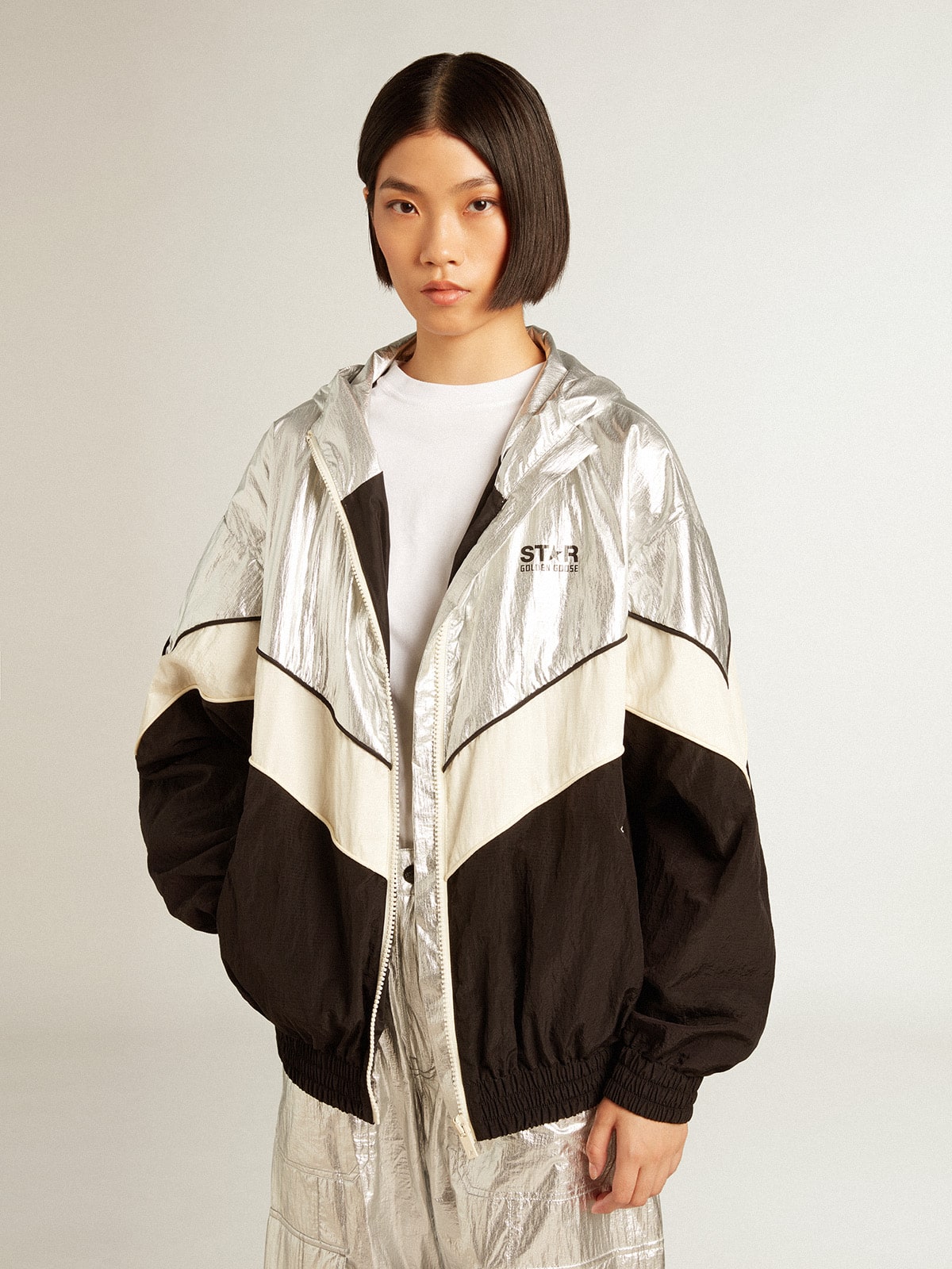 Golden Goose Women's windcheater in silver and black technical fabric