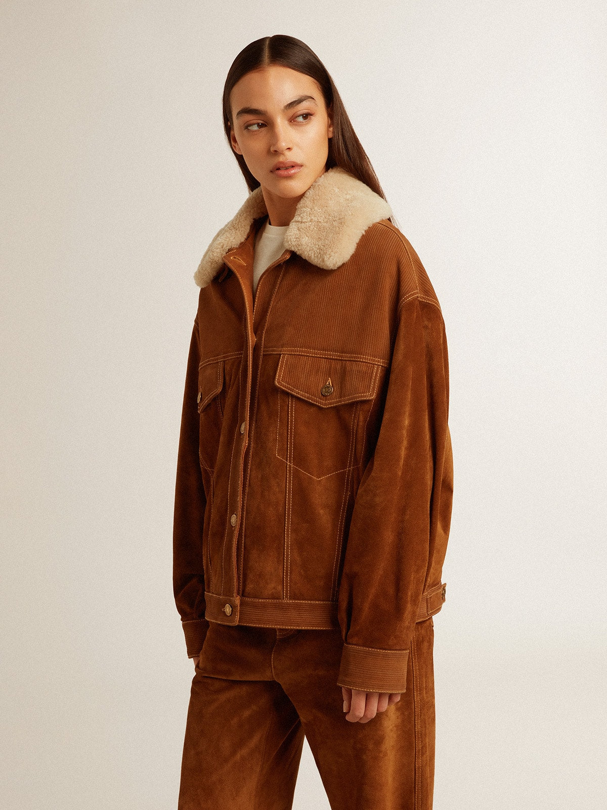 Golden Goose Women's jacket in tobacco-colored split leather with a shearling collar