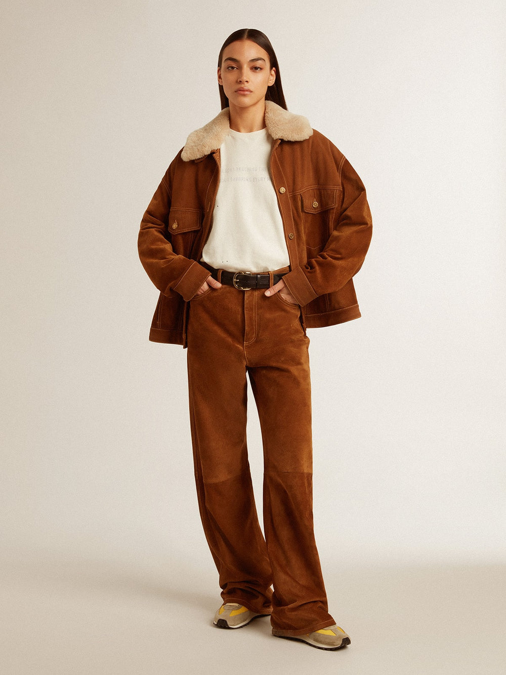 Golden Goose Women's jacket in tobacco-colored split leather with a shearling collar