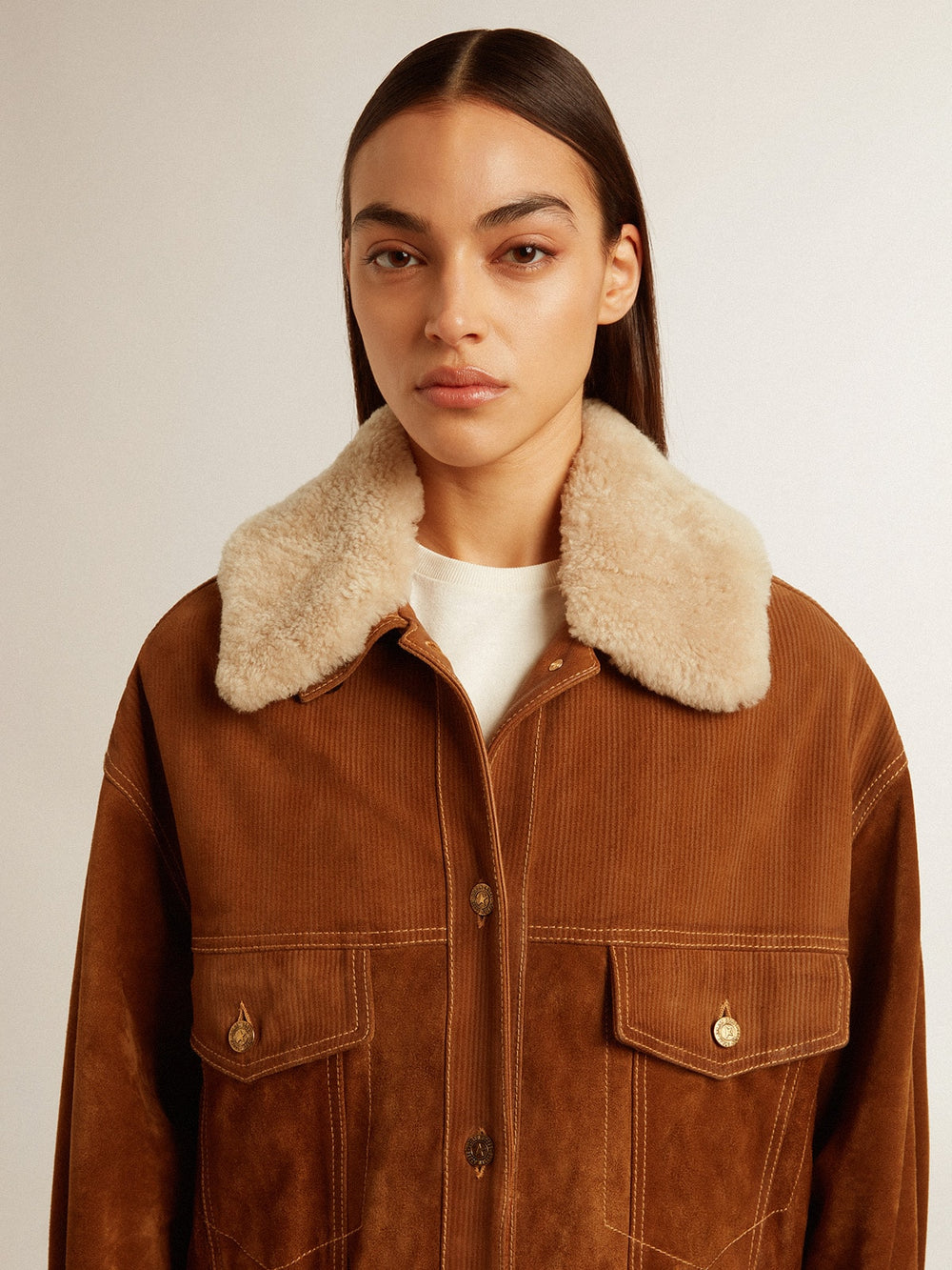 Golden Goose Women's jacket in tobacco-colored split leather with a shearling collar