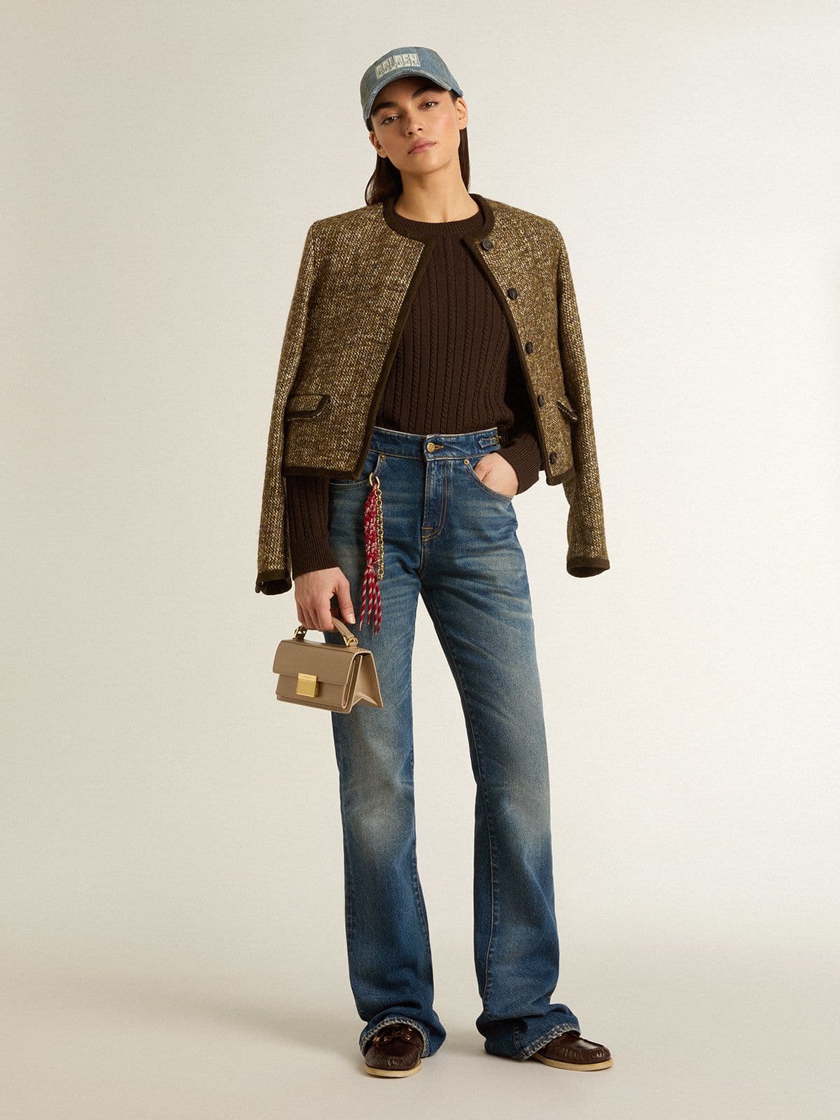 Golden Goose Women's Journey jacket in wool tweed with coffee-colored suede details