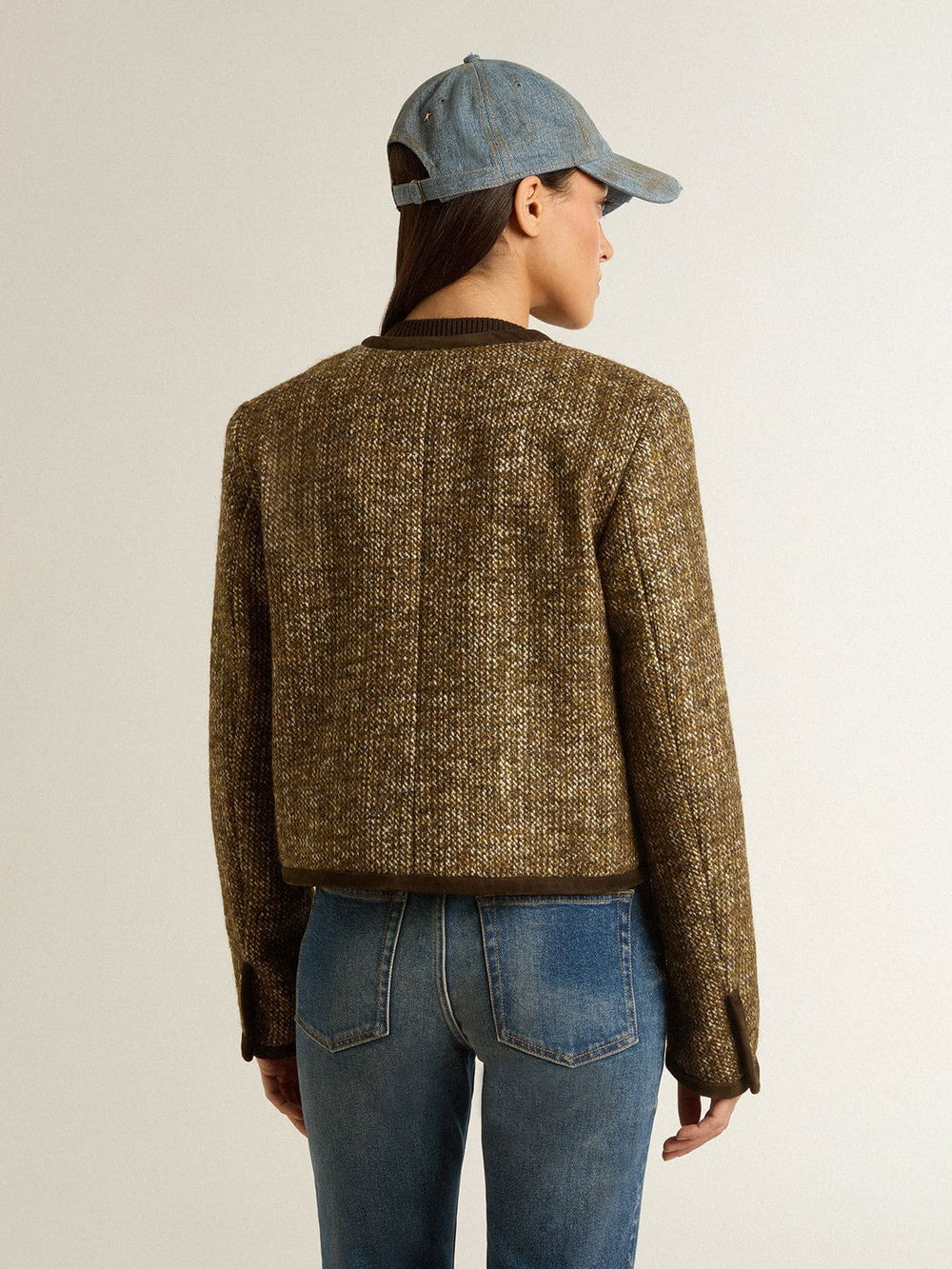Golden Goose Women's Journey jacket in wool tweed with coffee-colored suede details