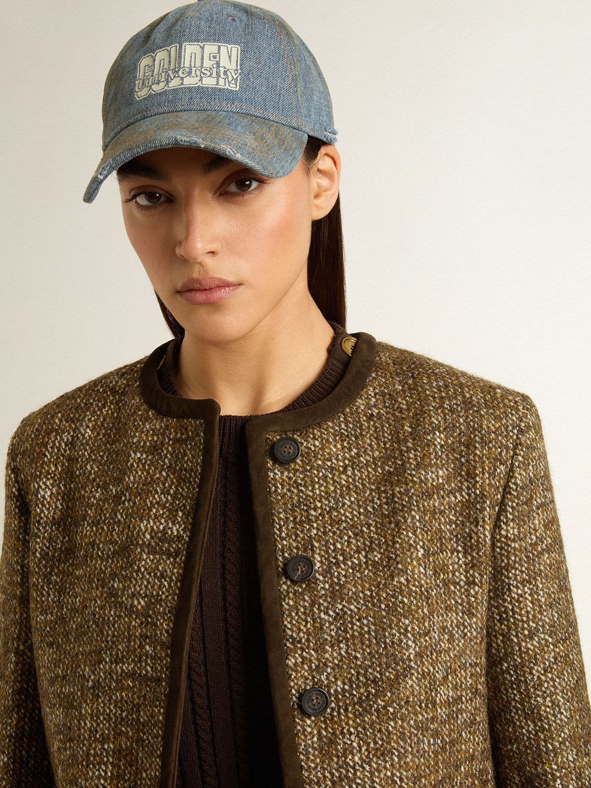 Golden Goose Women's Journey jacket in wool tweed with coffee-colored suede details