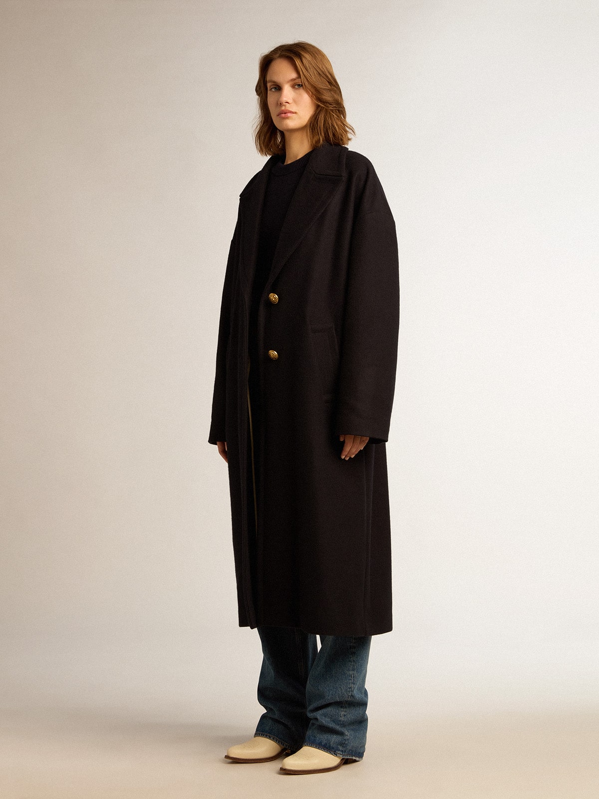 Golden Goose Women's single-breasted cocoon coat in dark blue wool with gold button