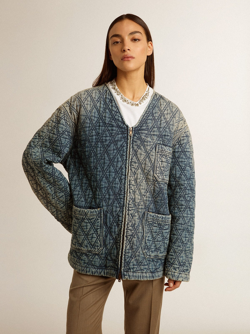 Golden Goose Women's blue quilted jacket in cotton denim with distressed finish
