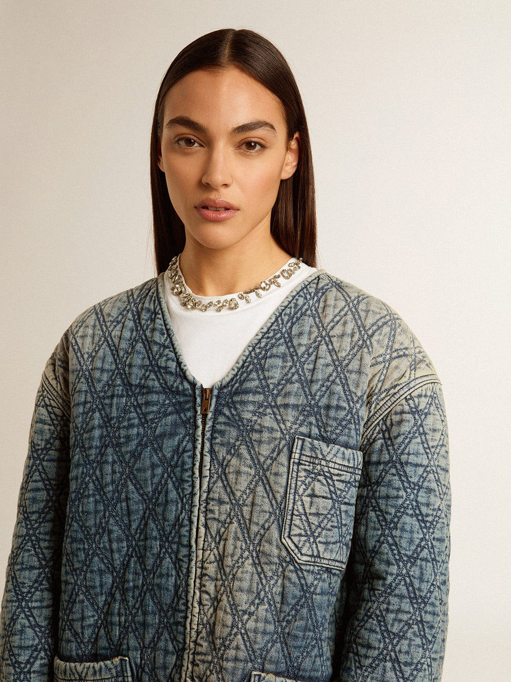 Golden Goose Women's blue quilted jacket in cotton denim with distressed finish