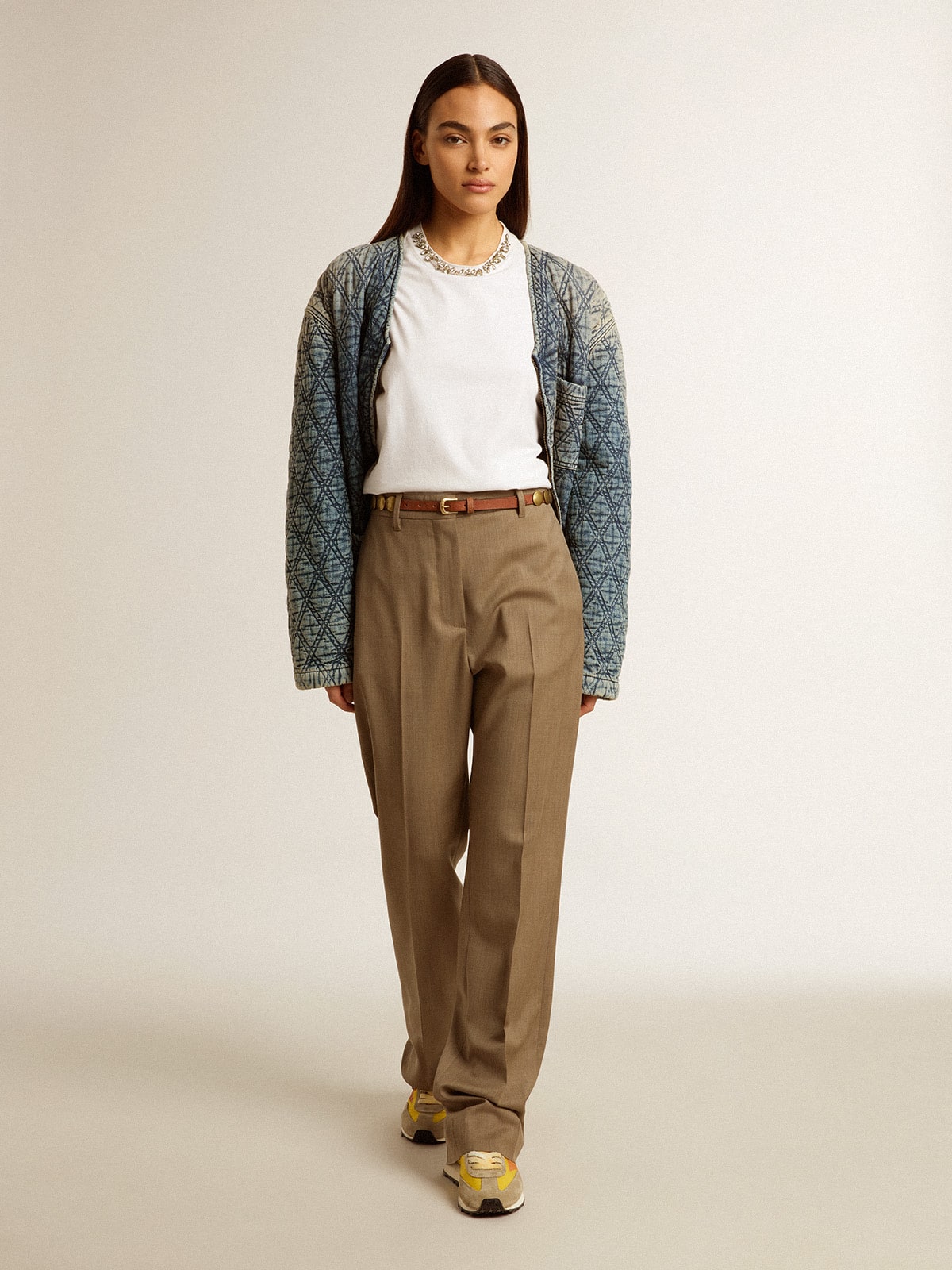 Golden Goose Women's blue quilted jacket in cotton denim with distressed finish