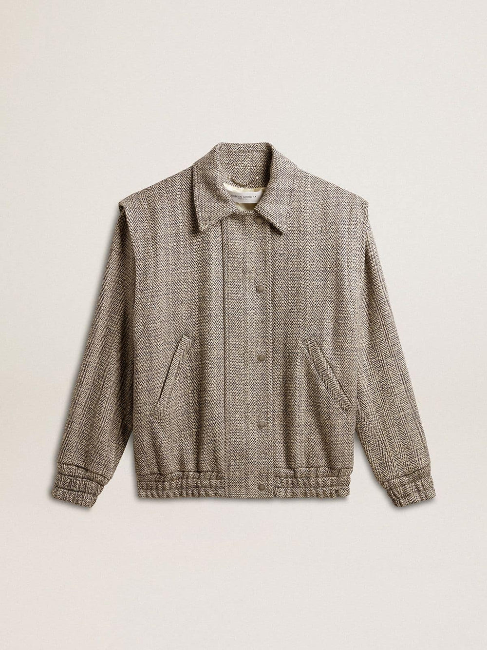 Golden Goose Women's bomber jacket in ecru brown herringbone wool