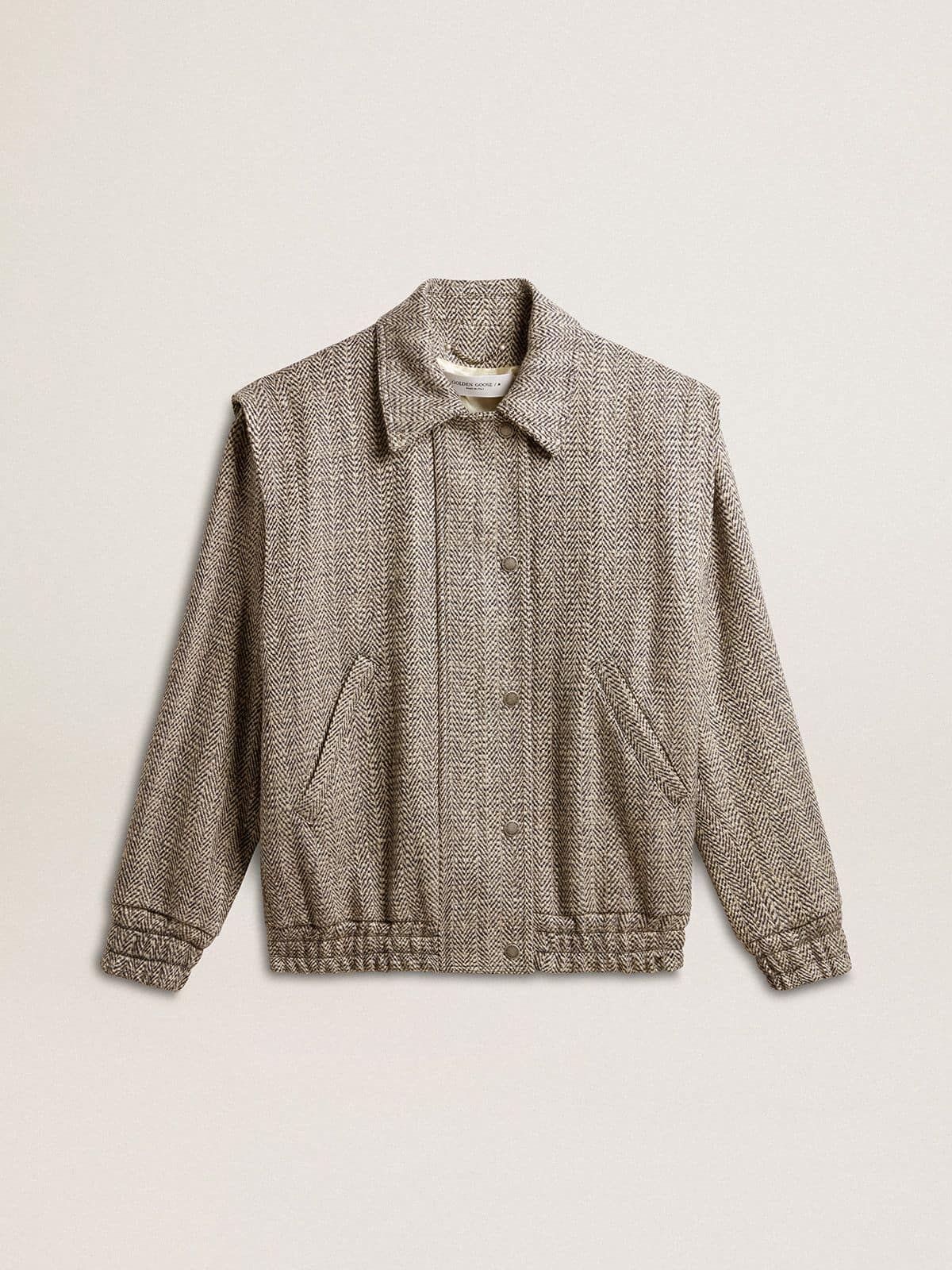 Golden Goose Women's bomber jacket in ecru brown herringbone wool