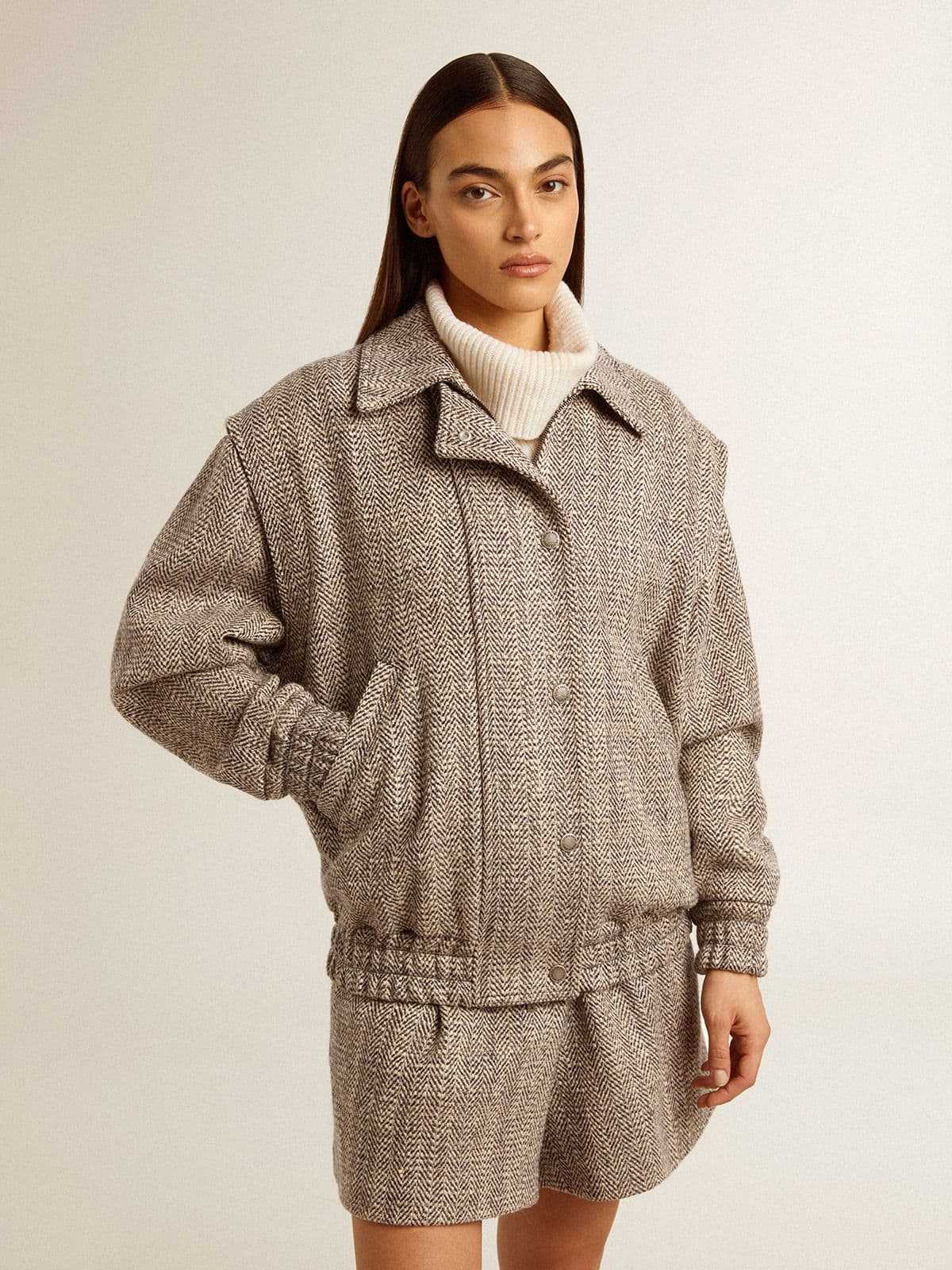 Golden Goose Women's bomber jacket in ecru brown herringbone wool