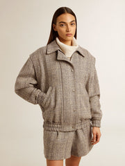 Golden Goose Women's bomber jacket in ecru brown herringbone wool