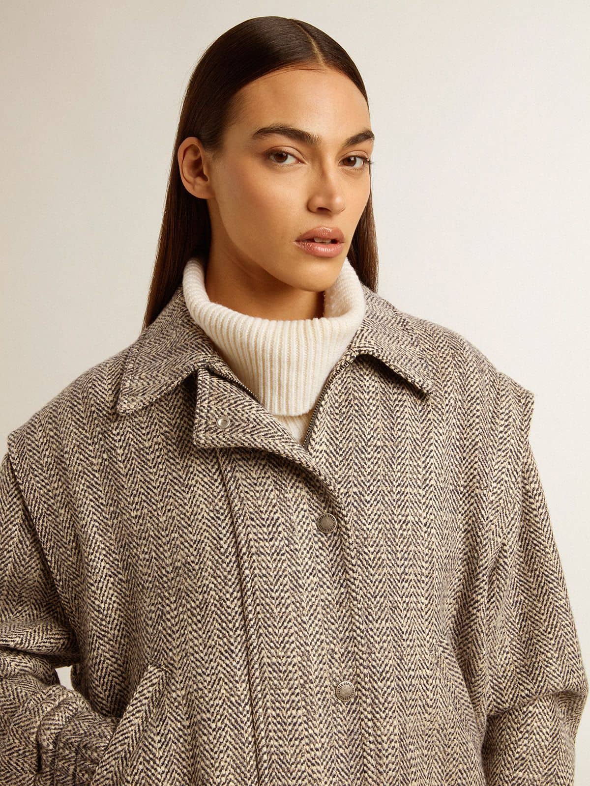 Golden Goose Women's bomber jacket in ecru brown herringbone wool