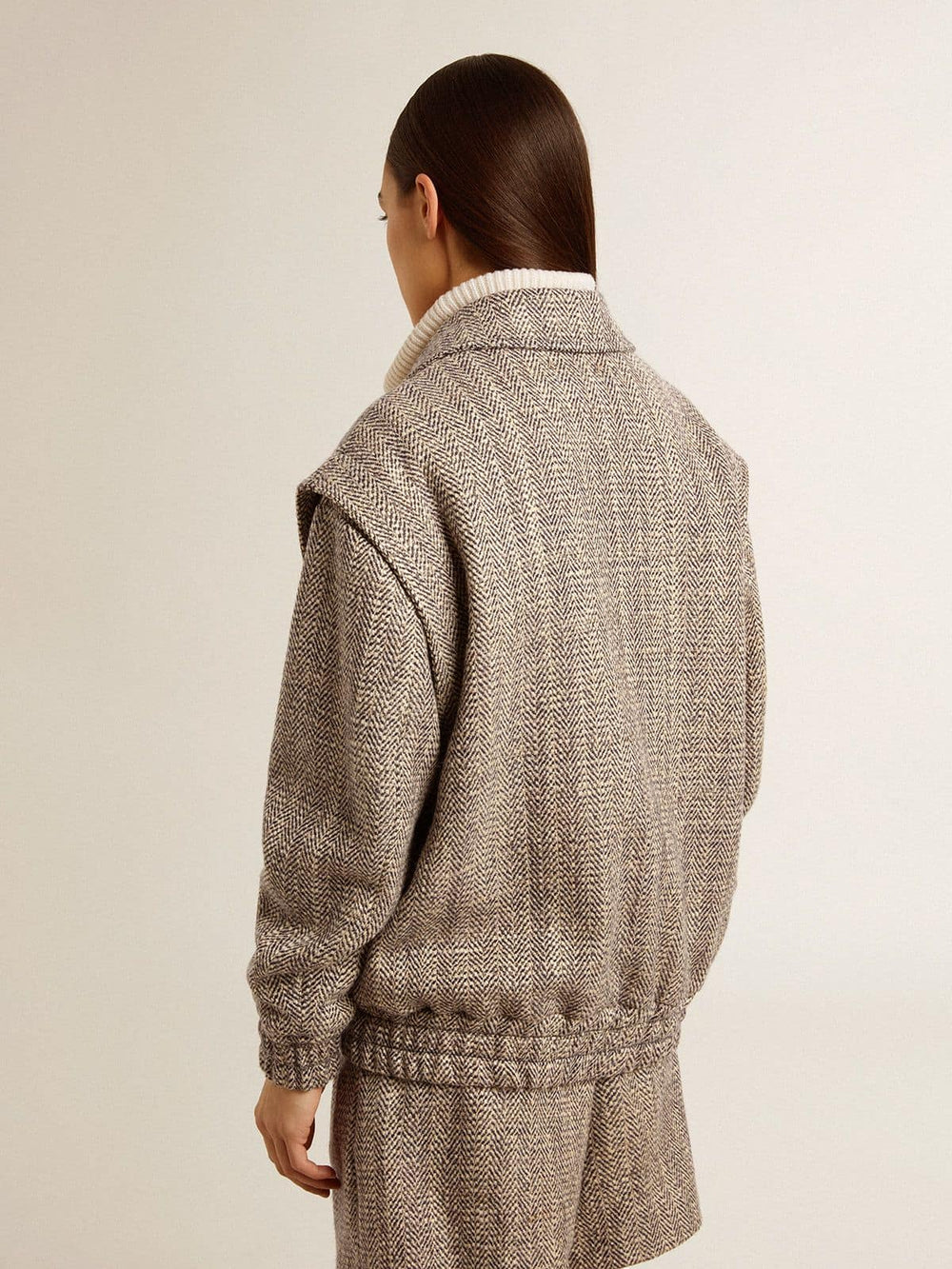 Golden Goose Women's bomber jacket in ecru brown herringbone wool