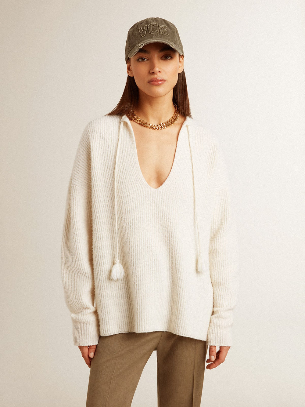 Golden Goose Ribbed wool sweater with V neck and drawstring with tassels