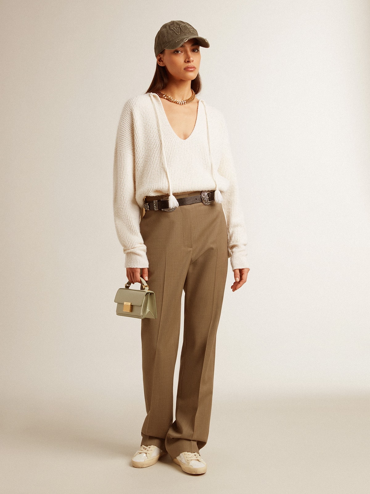 Golden Goose Ribbed wool sweater with V neck and drawstring with tassels