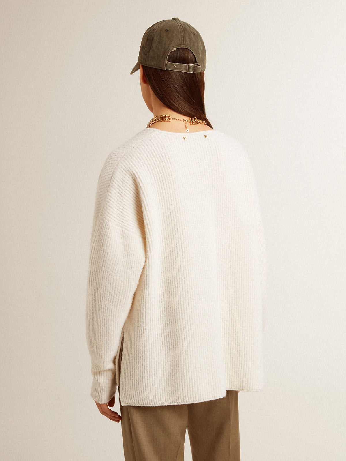 Golden Goose Ribbed wool sweater with V neck and drawstring with tassels