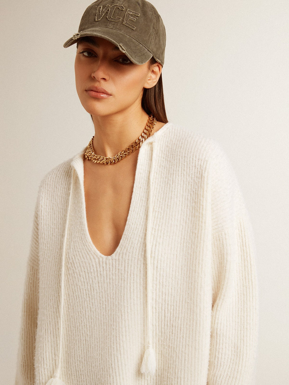 Golden Goose Ribbed wool sweater with V neck and drawstring with tassels