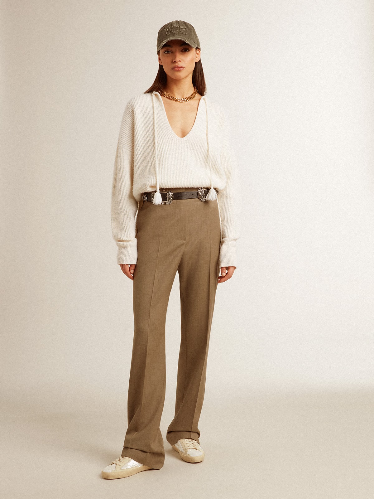 Golden Goose Ribbed wool sweater with V neck and drawstring with tassels