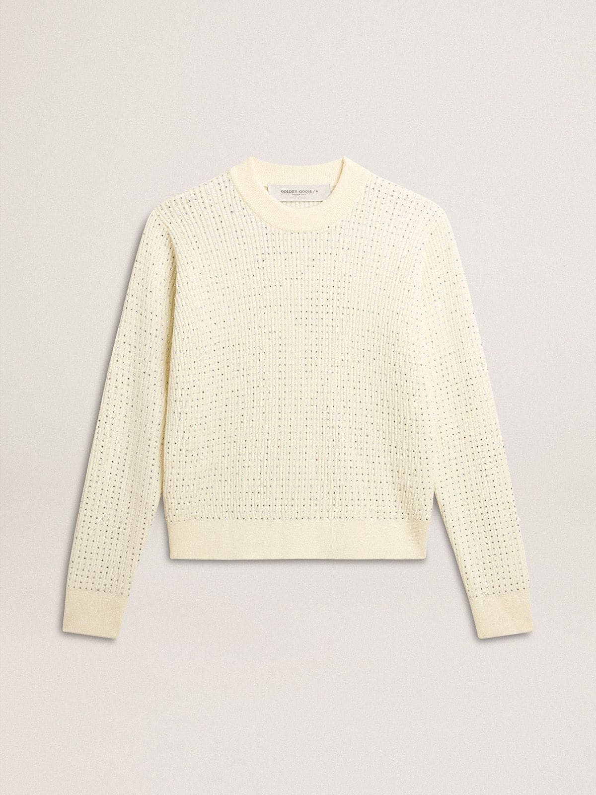 Golden Goose Women's crew-neck sweater in white merino wool with all-over crystals